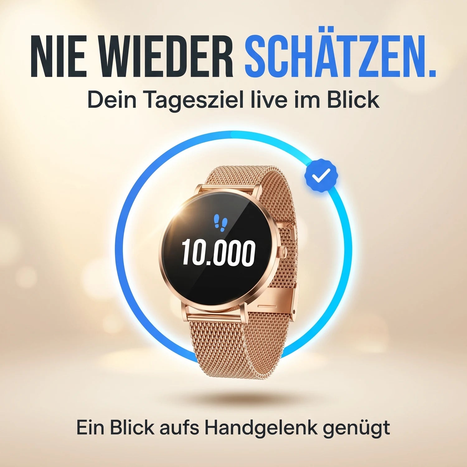 Nie wieder schätzen – Amory 5 Mini in Roségold zeigt das Tagesziel von 10.000 Schritten