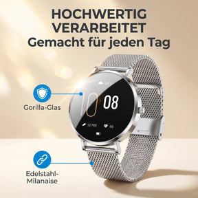 Hochwertig verarbeitet – Amory 5 Mini in Silber mit Gorilla-Glas und Edelstahl-Milanaise-Armband