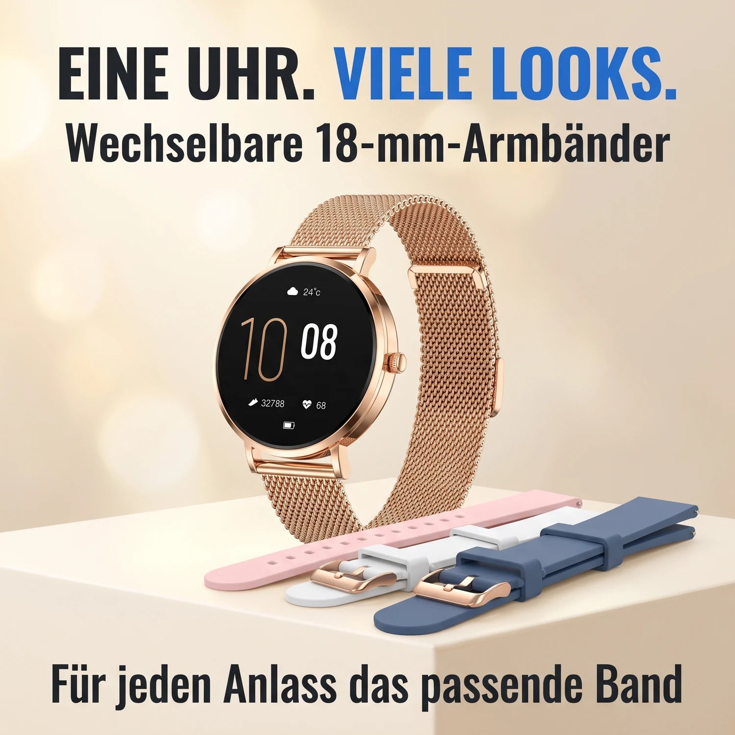 Eine Uhr, viele Looks – Amory 5 Mini in Roségold mit Silikon-Armbändern in Rosa, Weiß und Blau