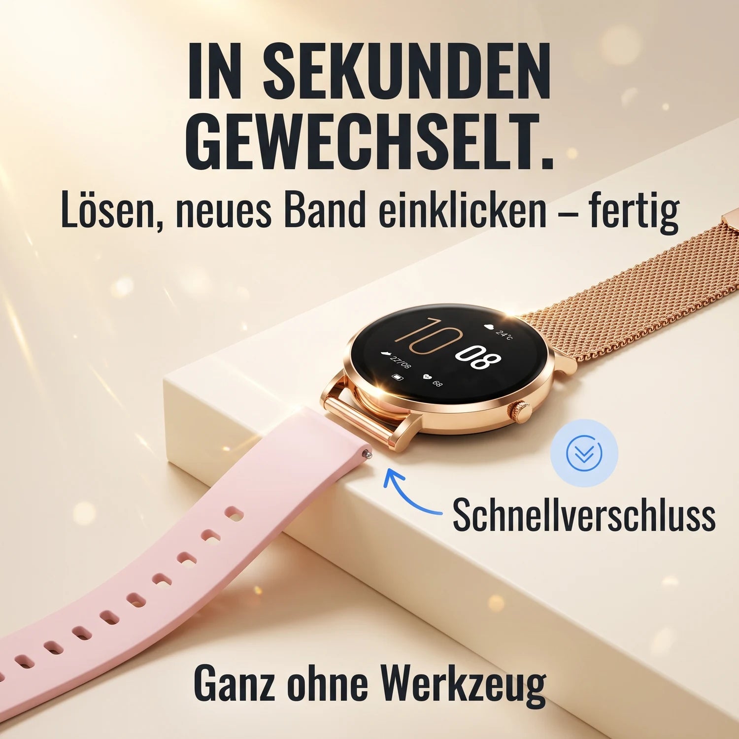 In Sekunden gewechselt – Silikon-Armband wird per Schnellverschluss an die Amory 5 Mini geklickt