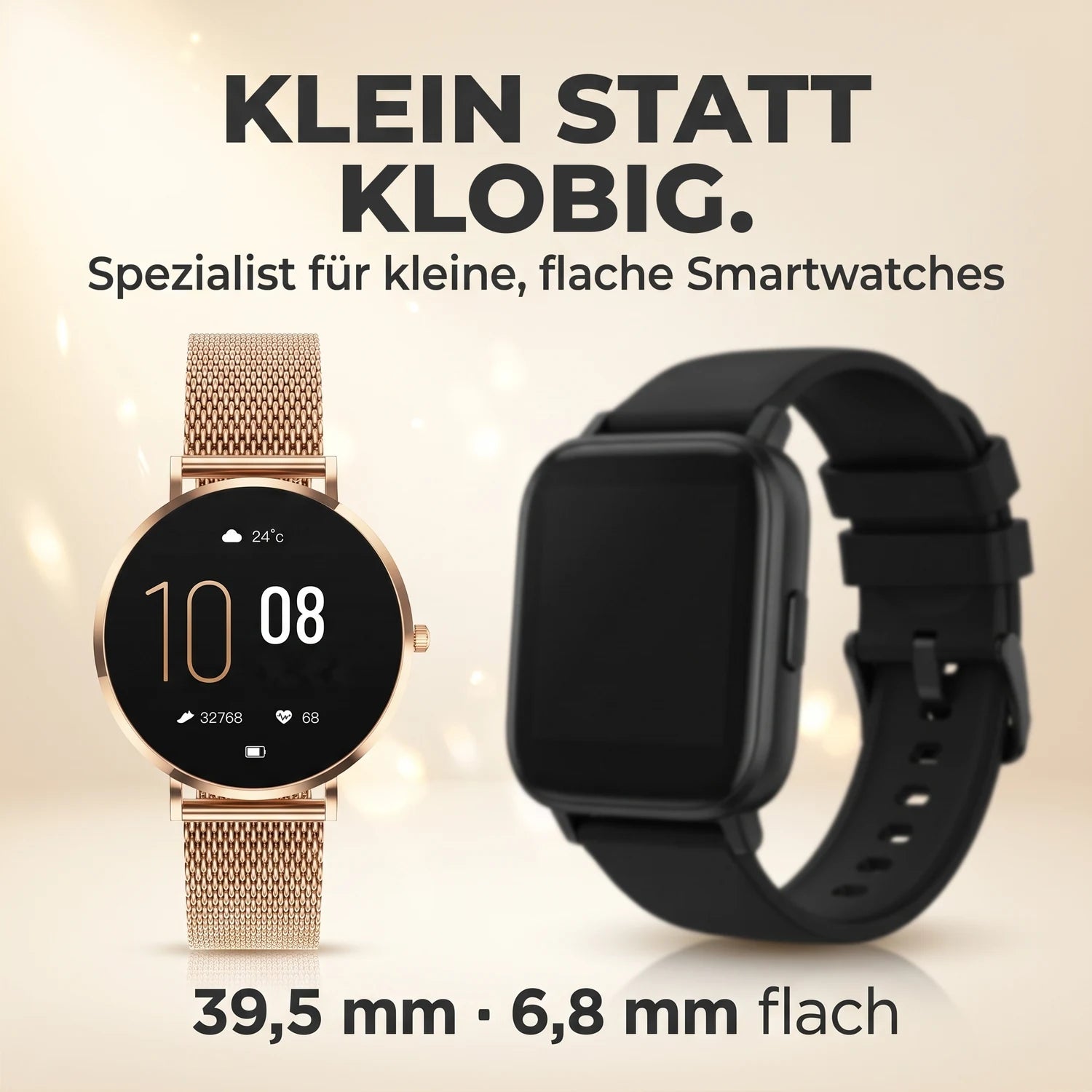 Klein statt klobig – Amory 5 Mini mit 39,5 mm neben einer klobigen Smartwatch